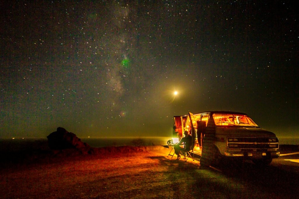 a camper with a campfire at night