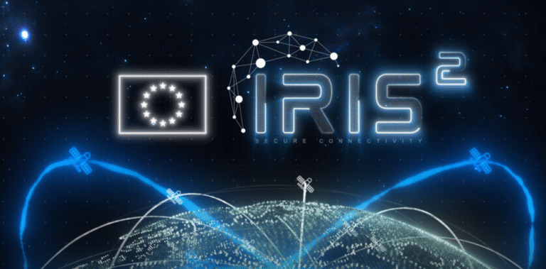 Logo a vizualizace evropského satelitního komunikačního systému IRIS² pro bezpečné propojení přes satelity.